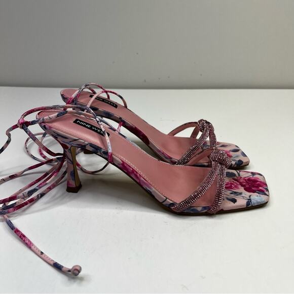 Nine West Raqchel Embellished Lace Up heels pink mystic garden print - 10 - Picture 3 of 13